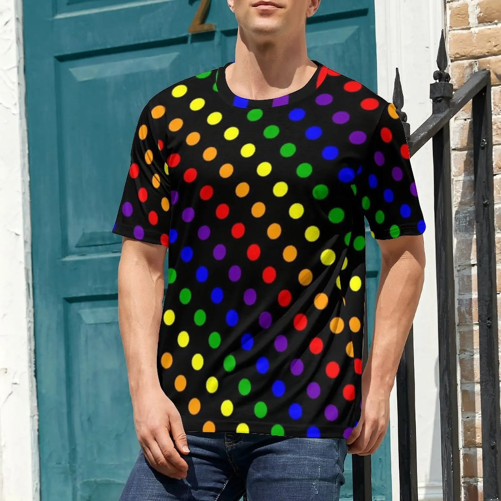 Colorful Polka Dot Print T Shirt Rainbow Dots Bright Trendy T-Shirts Mens Awesome Tshirt Summer Short Sleeve Custom Clothing