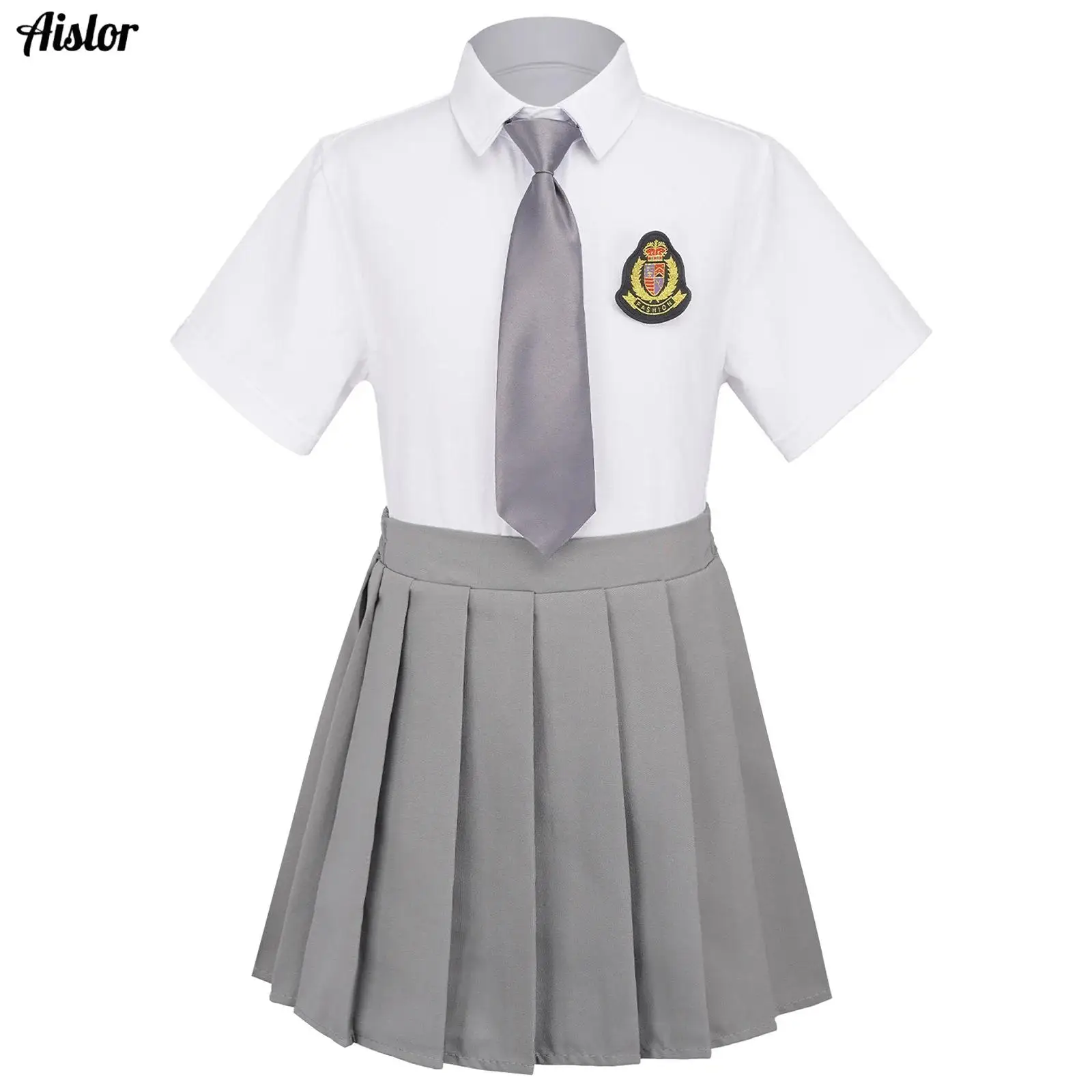

Kids Student Clothes Class Sets Girls 4-piece School Uniform Set Shirt with Pleated Skirt Badge Bow-tie Formal Occasion Costume