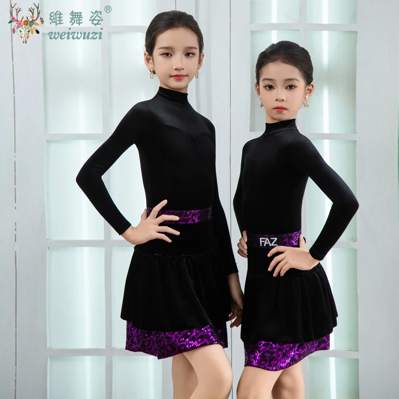 Crianças veludo vestidos latinos ginástica dancewear competição dança traje cha cha vestido de dança prática roupas topos saia