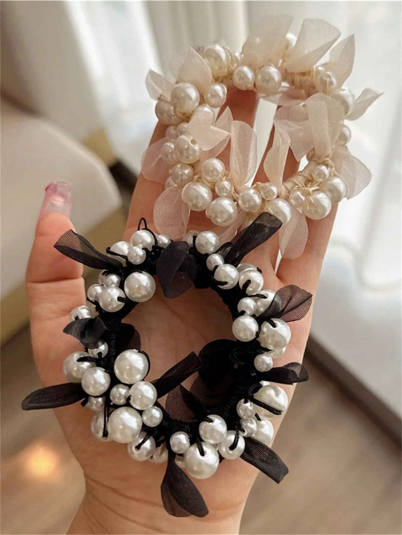 1 women\'s summer new temperament pearl scrunchie hair string bun hair band headdress