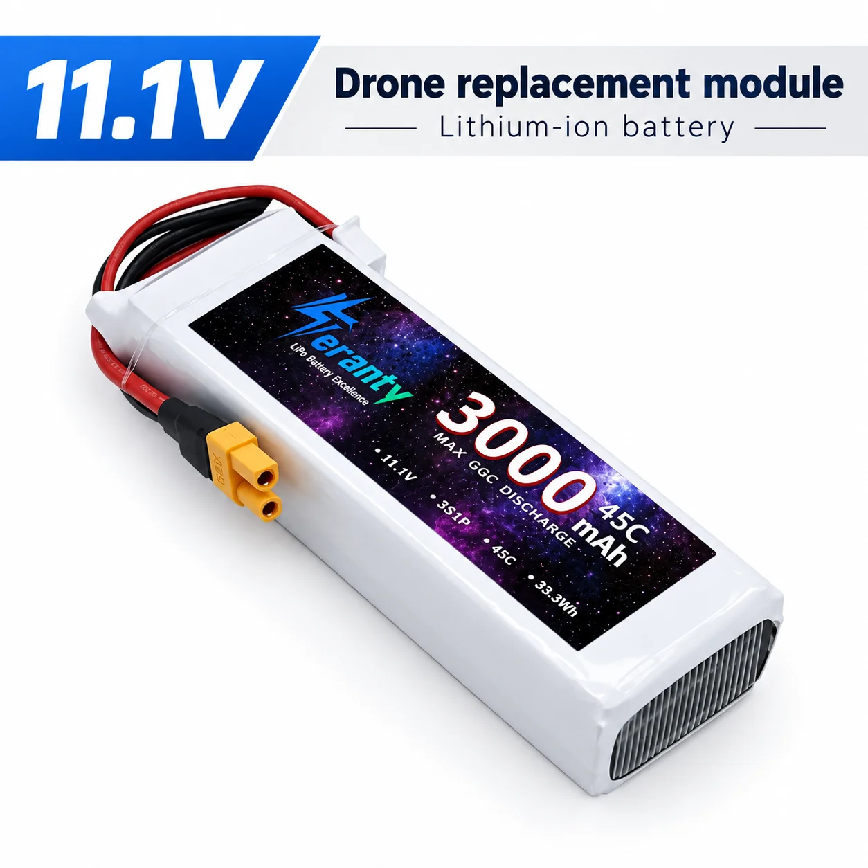 11.1V 3S 45C XT60 LiPo Pack for FPV Drone, High Discharge 90C Burst 3000mAh Rechargeable Battery for RC Racing Quadcopter UAV