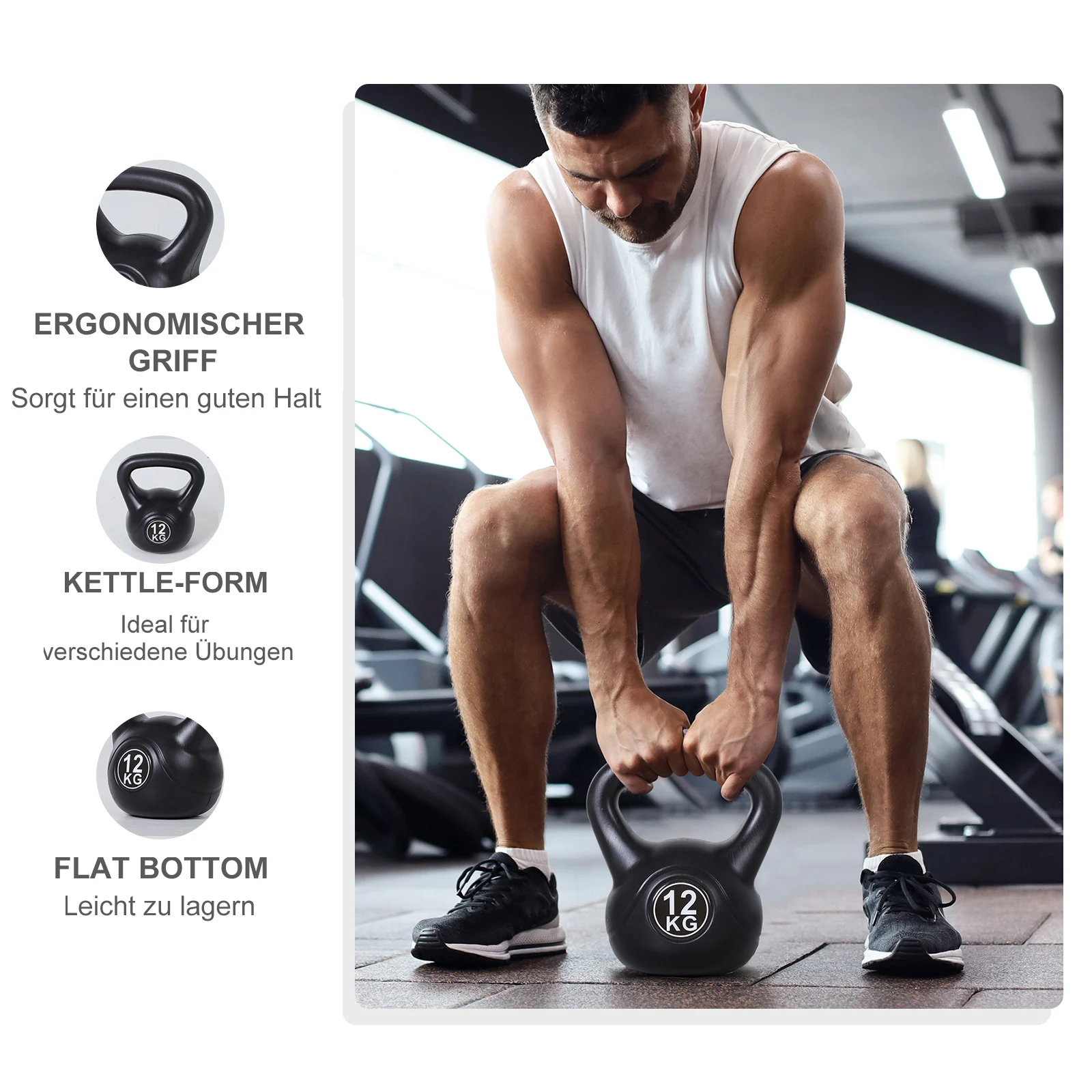 Kettlebell, Kettlebell 12 kg Gewicht, Hantel gefüllt mit Sand, geeignet für Anfänger, schwarz, Fitness-Kettlebells, Krafttraining, Kurzhanteln, Fitness, Kettlebells