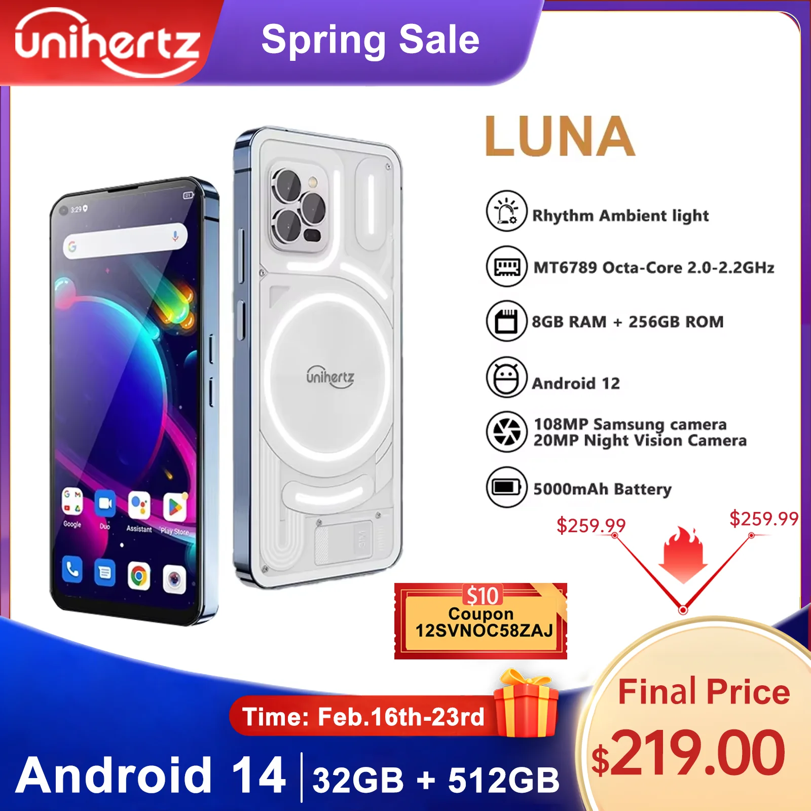 Unihertz Luna Smartphone Rhythm Ambient Light 8GB 256GB 108MP G99 Mobile Phone Night Vision Cellphones