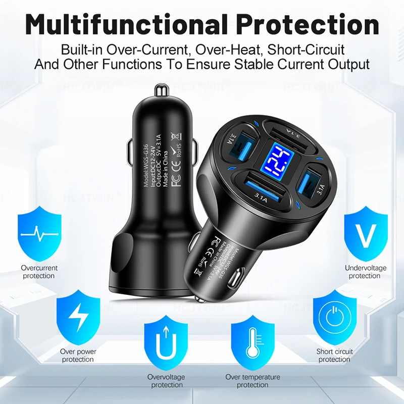 4-Port USB Car Charger with LED Voltage Display Smart Chip Multi-Protection Fireproof ABS Shell Adapter For iPhone For Samsung - view 4