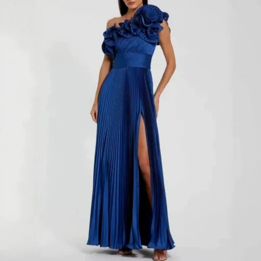 Abito da sera QMANSHA blu royal personalizzato con pieghe, monospalla, applicazioni floreali 3D, spacco alto, abito da ballo formale taglie forti da donna