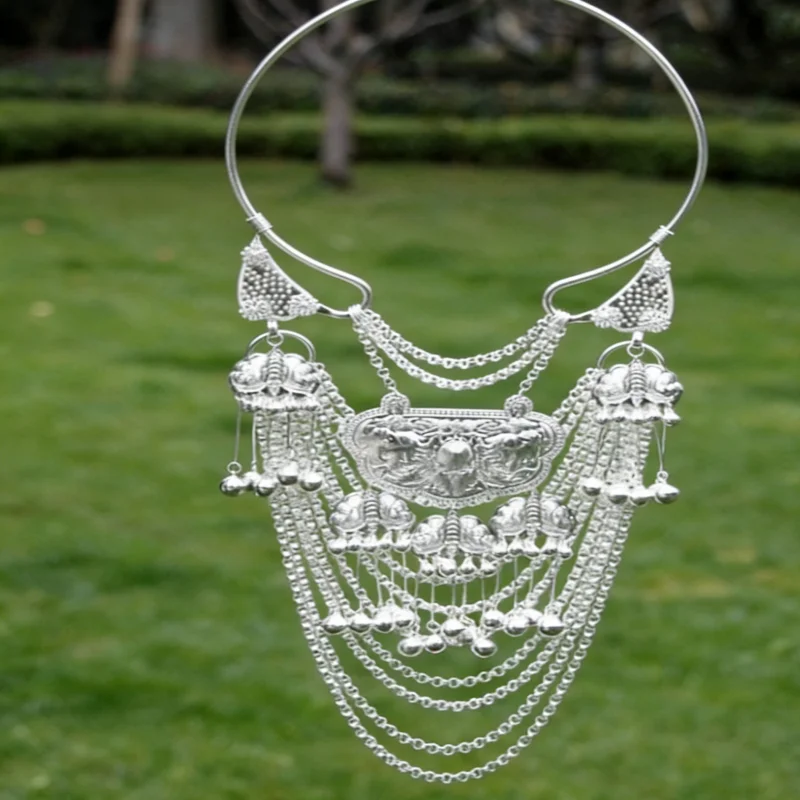 Chinese Folk Style Vintage Miao Silver Necklace Cultural Performance Dance Costume Tassel Accessories Hmong Necklace