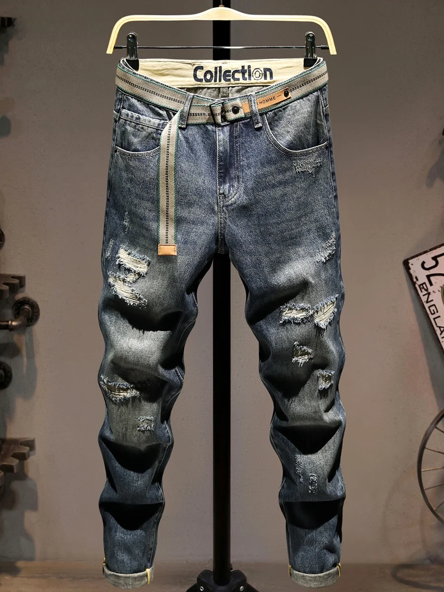 

Мужские джинсы Street Sle: модные, с дырками, прямого кроя, свободные, длинные брюки для осени и зимы, стильная городская одежда