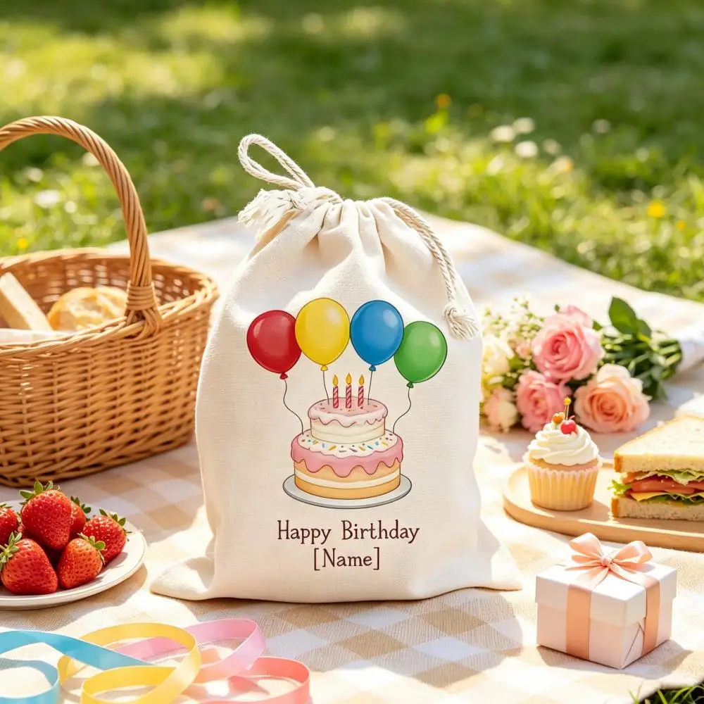 1Pc Personalized Custom Name/Text Imitation Hemp Drawstring Birthday Party Gift Bag,Cake Pattern Drawstring Closure Storage Bags