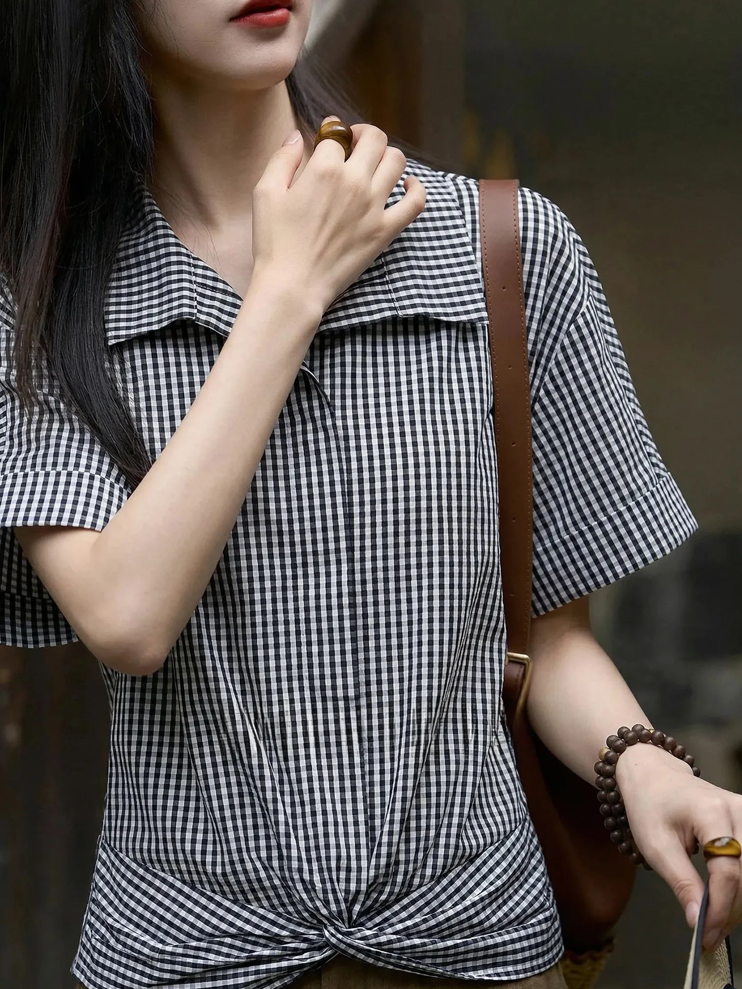 

Chivirin Elegant Style Women's Shirt Summer Loose Short Sleeve Slimming Design School Uniform Patterned Checkered Top