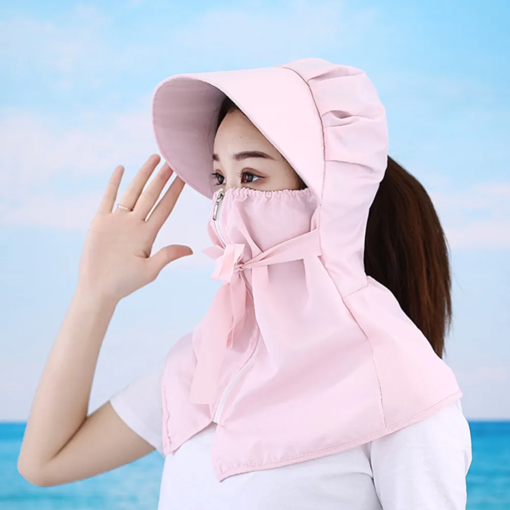 Anti-uv Summer Sunscreen Hat Outdoor Face Neck Protective Tea Picking Cap With Zipper Shawl Mask Breathable Women\'s Ponytail Hat