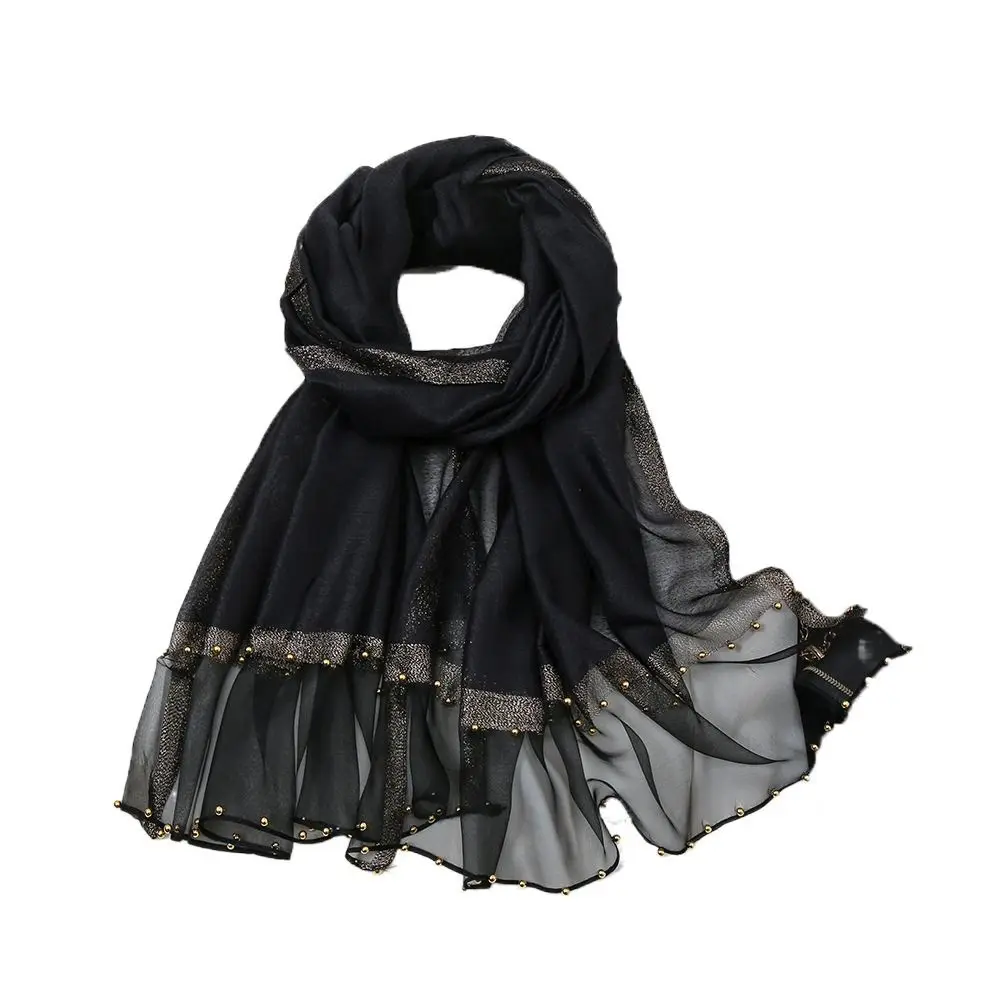 Elegante grânulo de luxo lenço de seda longo grande feminino hijab xales turbante bandana fina organza cachecol menina