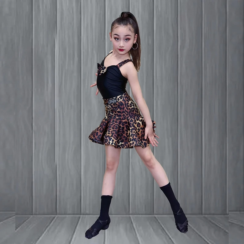 Latin Dance Dress Girls Brown Leopard Print Suspender Set Samba Rumba Salsa Performance Wear Kids Training Team Uniform VBH1340