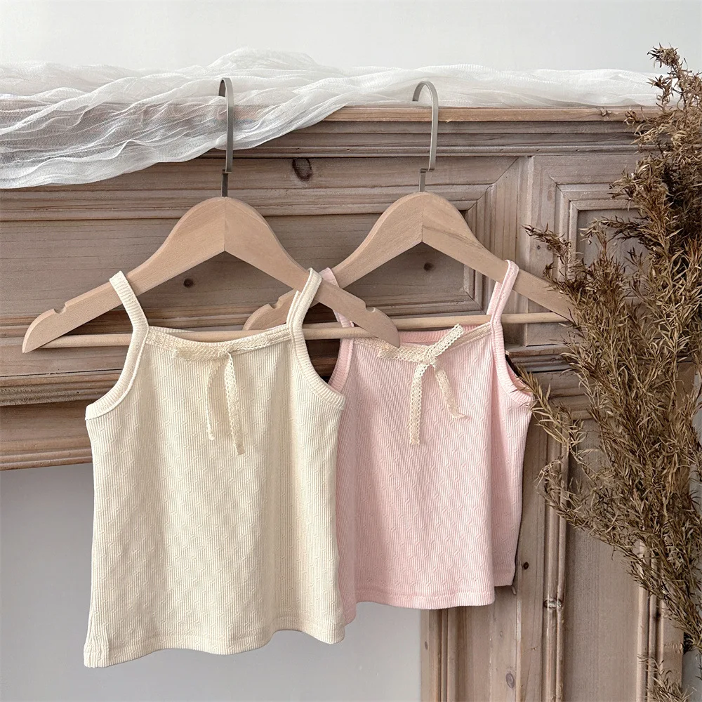 Summer Cute Baby Thin Sleeveless T-shirt Delicate Lace Bow Camisole Top For Girls Breathable Cotton Clothes