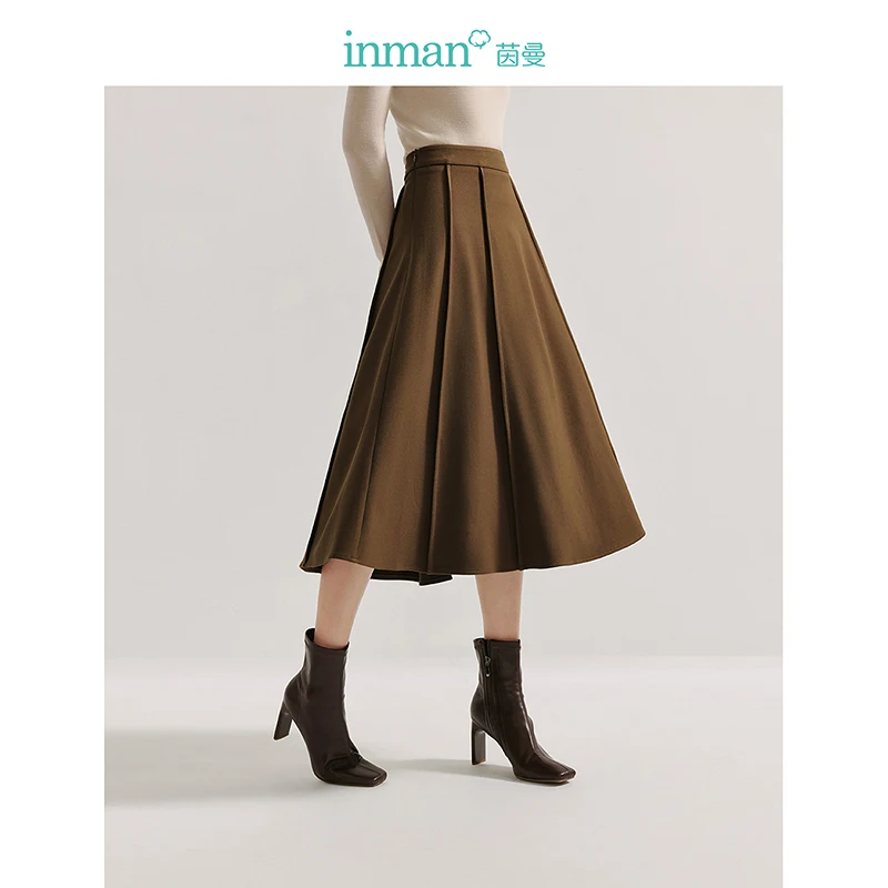 

INMAN 2024 Autumn winter Vintage commuter women's skirt high elastic waist slimming mid-length A-line loose skirt