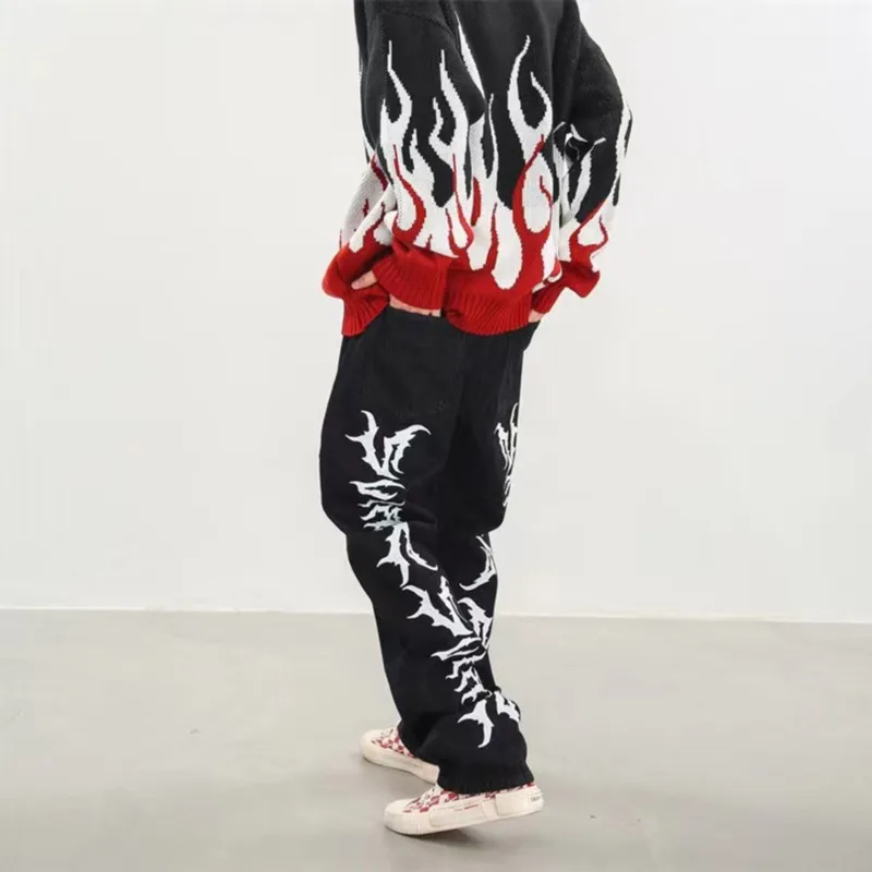 Y2k Skull Print Denim Trouser High Street Hiphop Black Loose Straight Wide Leg Jean European American Casual Boy Girl Cargo Pant