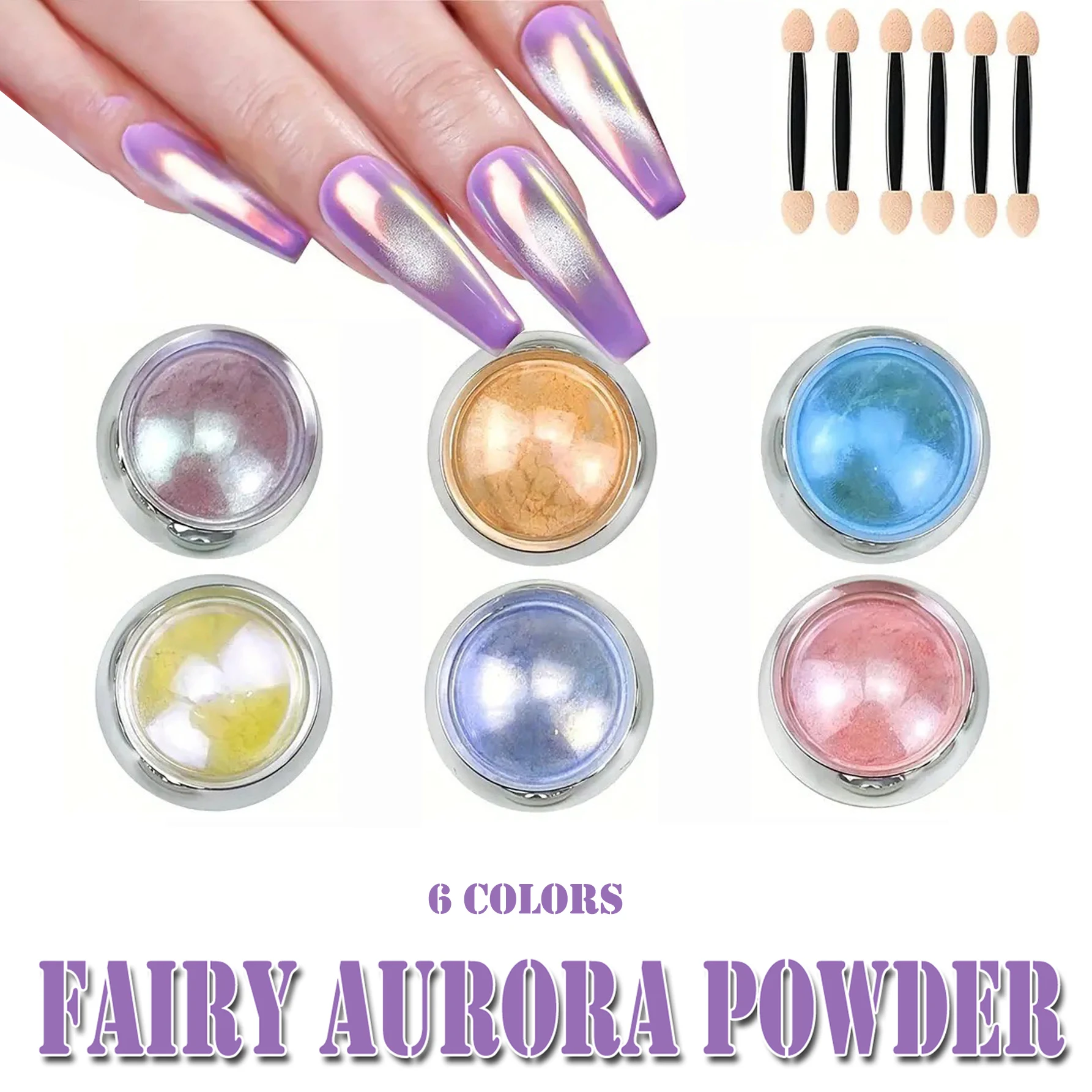 6 stuks Auroras nagelpoeder metallic spiegeleffect holografisch kameleonpigment voor nail art gel polish zeemeermin dompelen