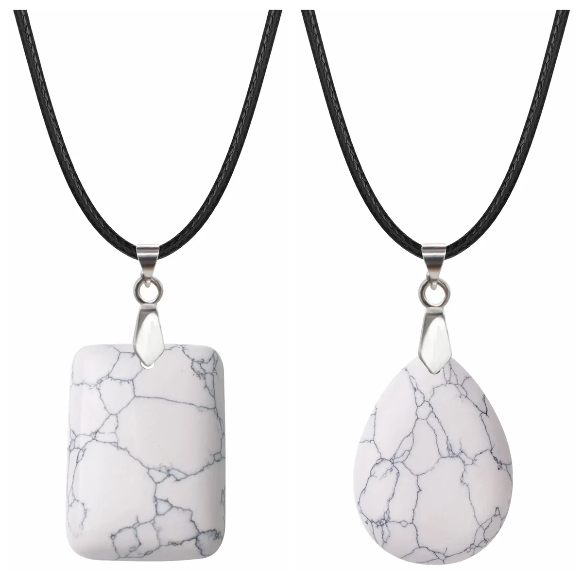 Howlite Healing Couple Necklace for Men Women Chakra Lucky Quartz Crystal Protection Rectanle & Teardrop Pendants