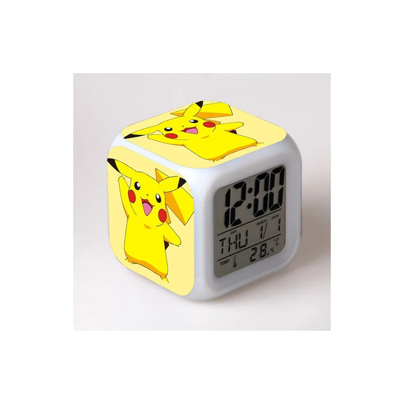 Anime Pikachu Pokemon Luminous LED Colorful Flash Alarm Clock Desk Light With Temperature Action Figures Toys for Children Gifts