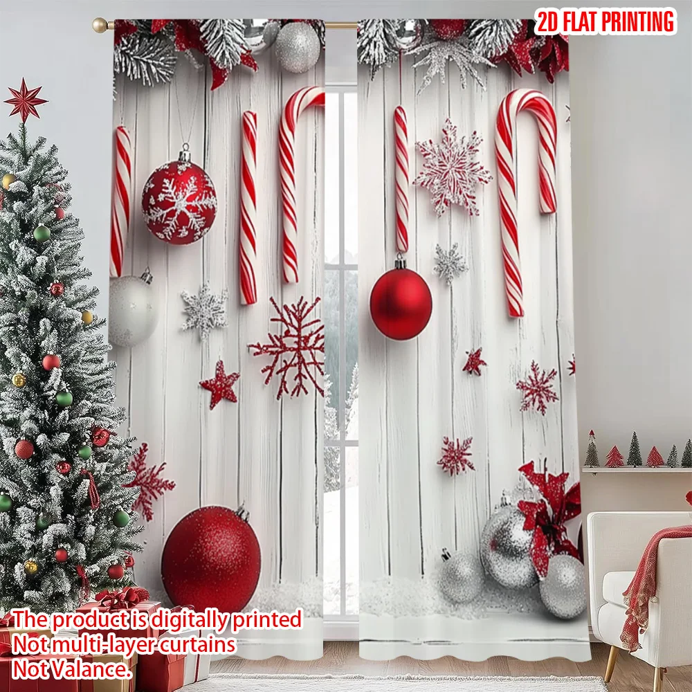 

2pcs 2D flat printing Christmas Party Curtain Red candy cane Christmas Machine Washable Fabric Without Electricity Party