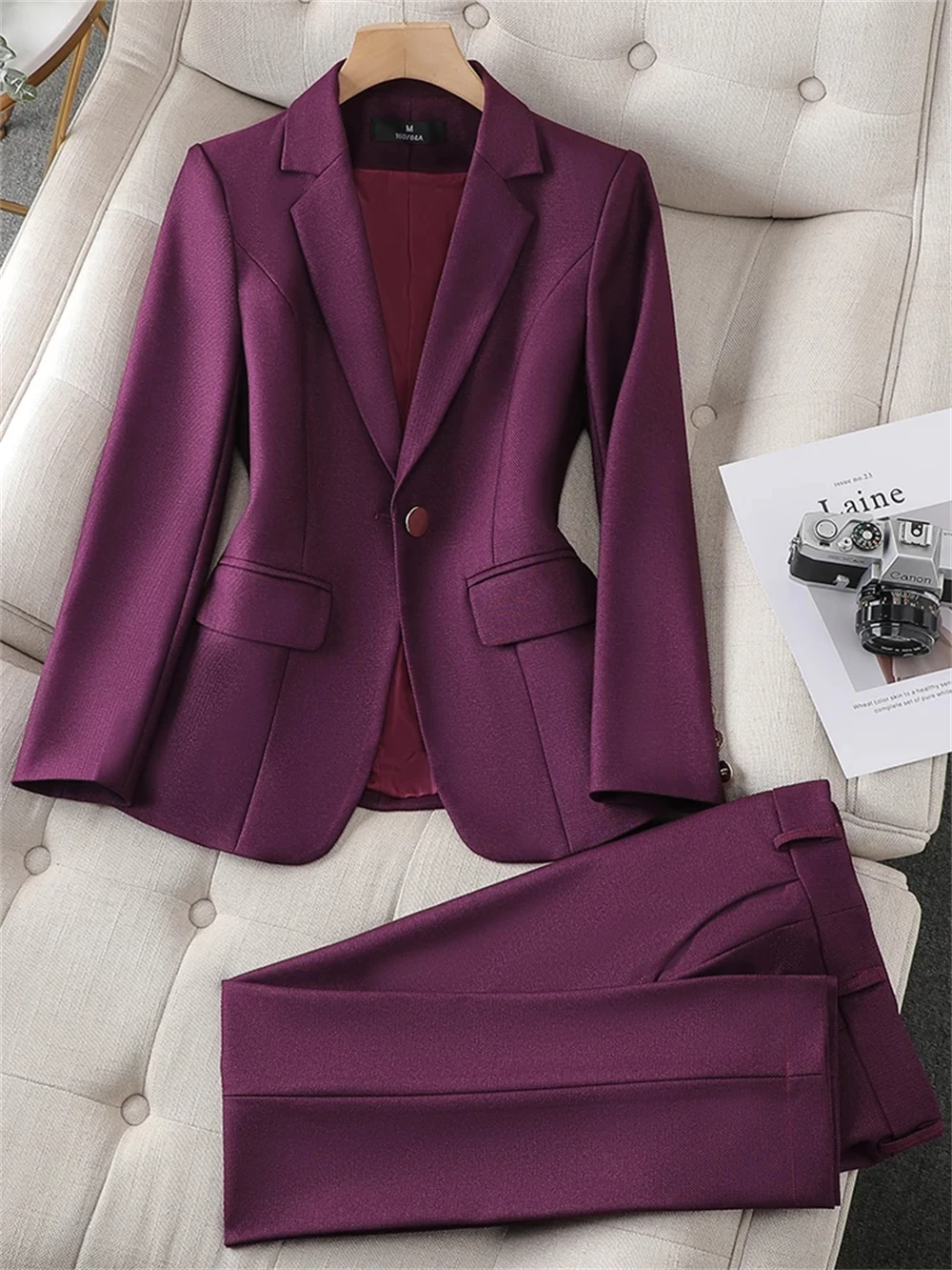 

New Ladies Suit Women 2 Piece Green Purple Blue Black Solid Formal Jacket Trouser Female Business Work Wear Set ( Blazer+Pant)