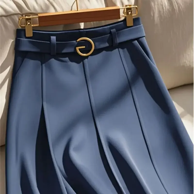 New High End Office Lady Skirt Women High Waist A-line Pleated Solid Color Elegant Fashion Skirts With Belt Women's Clothing