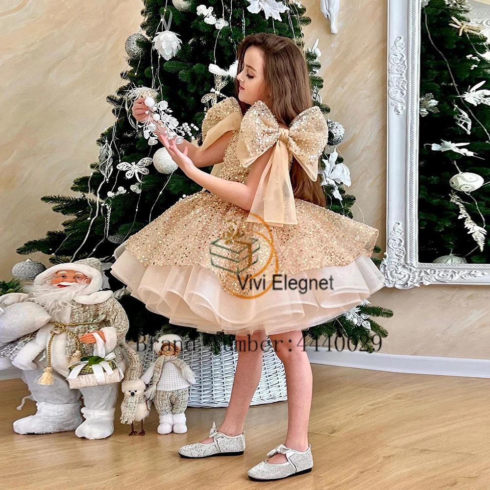 Champagne Boat Neck Flower Girls Dresses for Princess 2024 Summer Knee Length Sleeveless Wedding Party Dresses with Bow New