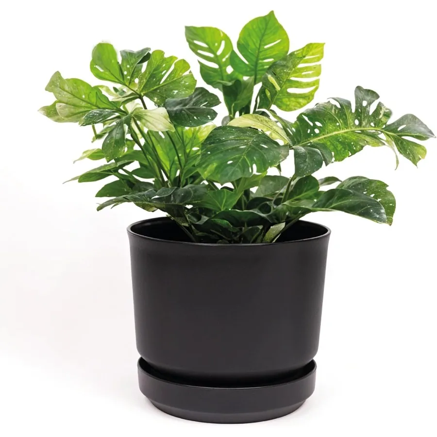 

12-дюймовый пластиковый цилиндрический горшок для кашпо с блюдцем для самостоятельного полива и дренажным отверстиемЛегкий чрезвычайно прочный 12x12 черный