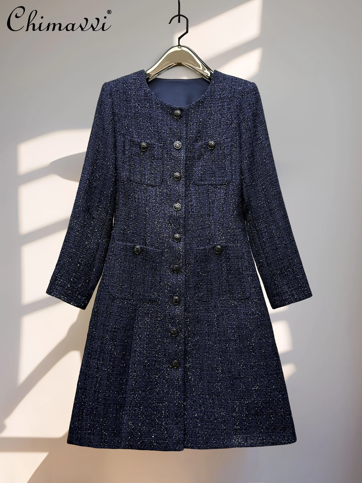 

Autumn Winter Fashion Women's Wool Single-Breasted Round Neck Long Sleeve Short Dress OL Elegant Elegant Sapphire Blue Coat