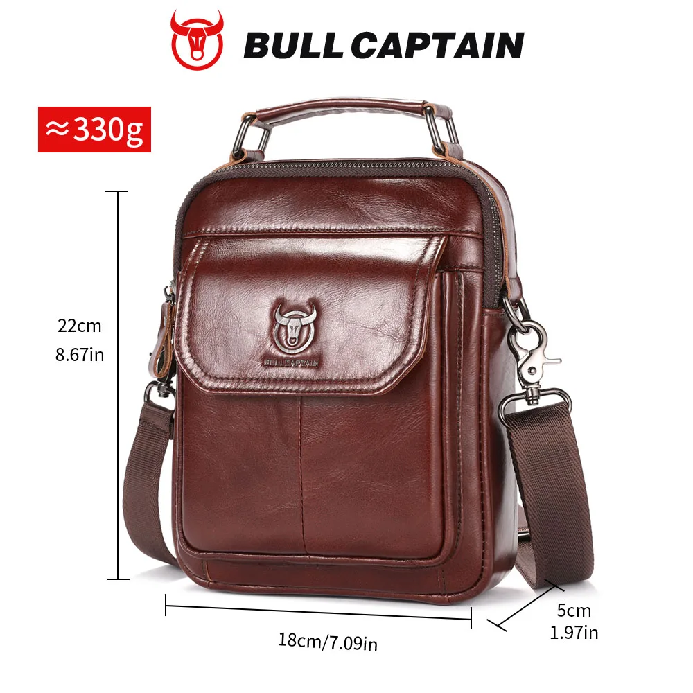 BULLCAPTAIN Men's Genuine Leather Shoulder Bag Multifunctional 7.9-inch Tablet Handbag Retro Casual Crossbody Bag Cowhide