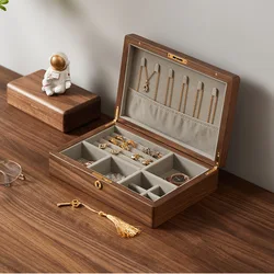 multifunction Keylock Flannelette Jewelry Storage Box Luxurious Black Walnut Vintage Necklace Earrings Portable Travel Pure Wood