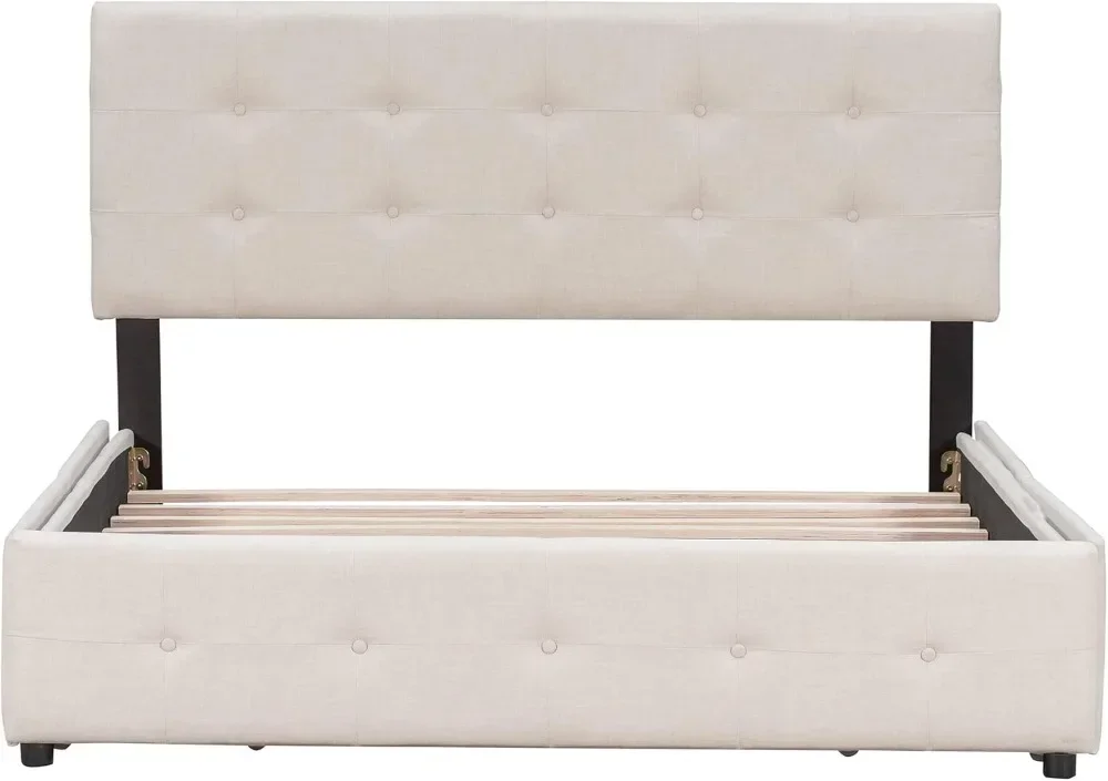 Queen Bed Frame with Drawers, Upholstered Bed with Storage Drawers,Linen Fabric Queen Storage Bed ZL