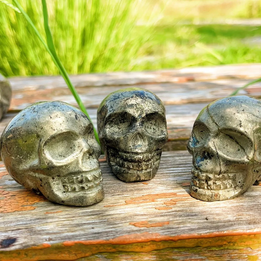 1pc Hand-Carved Pyrite Skull Natural Stone with Intricate Eye Sockets & Teeth Detailing Perfect For Home & Holiday Decor