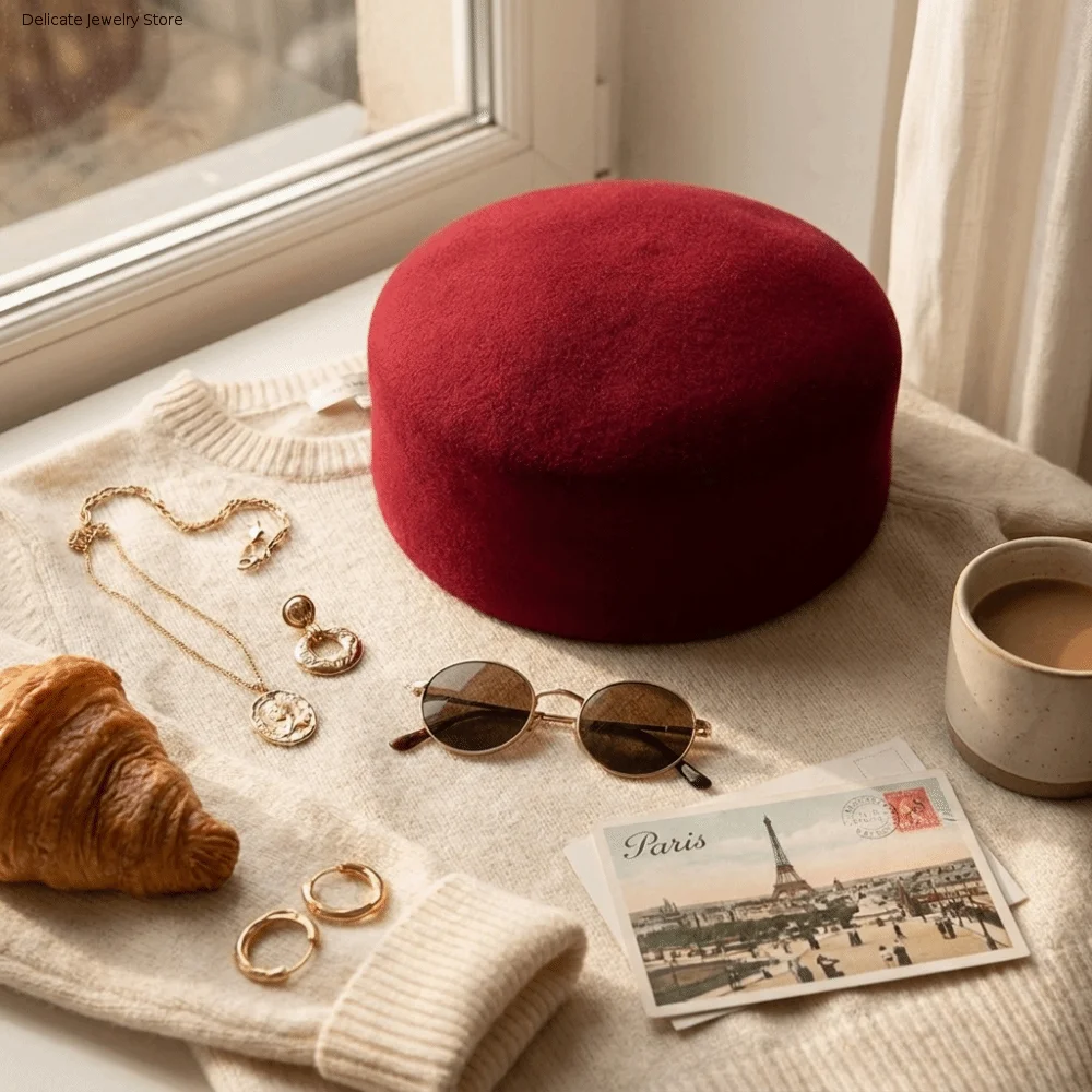 Elegant Solid Color Faux Wool Pillbox Hat Flat-Top Short-Crown Felt Beret Hat Brimless Hard Top Painter Cap Women