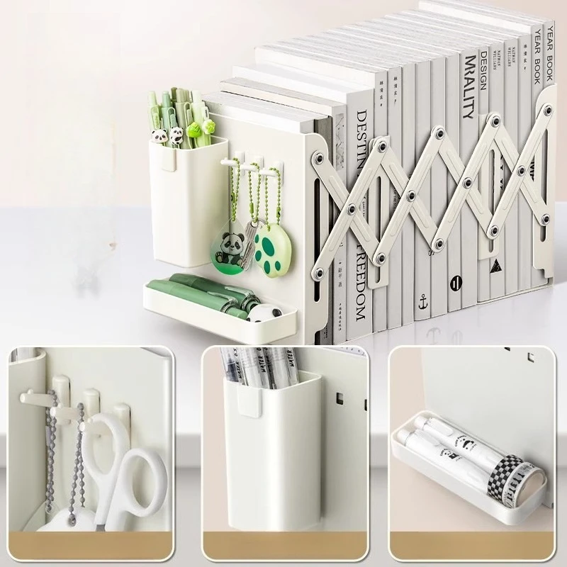 Retractable Bookstand, Desktop Bookstand, Book Storage Shelf with Pen Holder, Book Holder, Fixed Book, Thickened Metal.