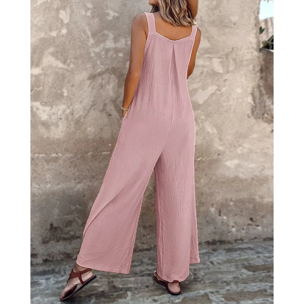 Overalls for Women Adjustable Strap with Pocket Pink Jumpsuit Solid Wide Leg Suspender Summer Casual Workwear Women Clothes