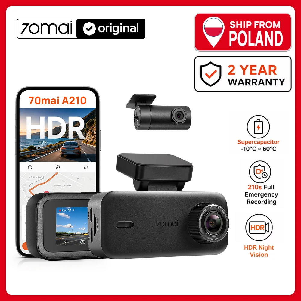 Caméra embarquée 70mai A210 avant et arrière 1080P Full HD HDR, vision nocturne supérieure, GPS intégré, enregistrement de trajet, supercondensateur, surveillance de stationnement 24h/24, vidéo d'urgence enregistrée 210s, enregistreur de conduite compact pour voiture
