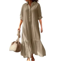 Women Simple Style Solid Color Cotton Linen Dresses Lapel Single-breasted Splice Dress Female Pleated Hem Floor-length Gown 2024