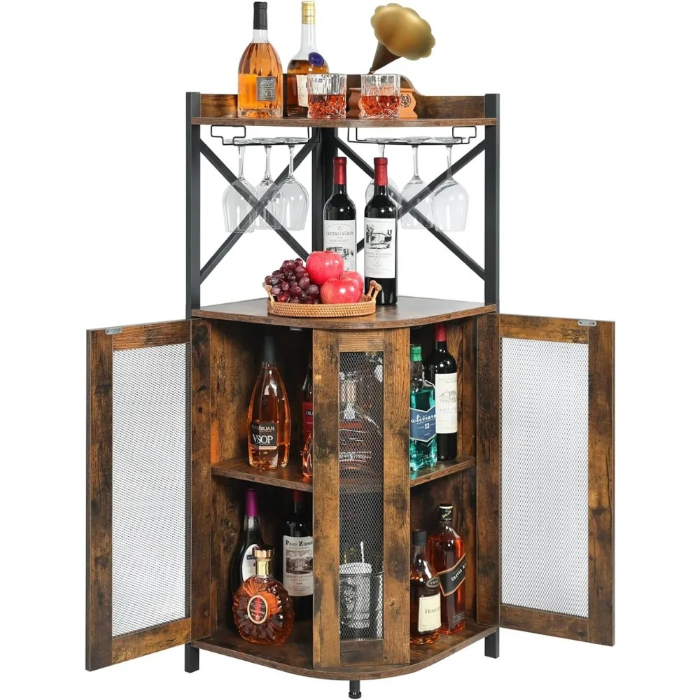 Gabinete de barra esquinero con soporte de vidrio, gabinete Industrial, gabinete de barra de licor, barra casera para almacenamiento de licor y vino, Marrón rústico