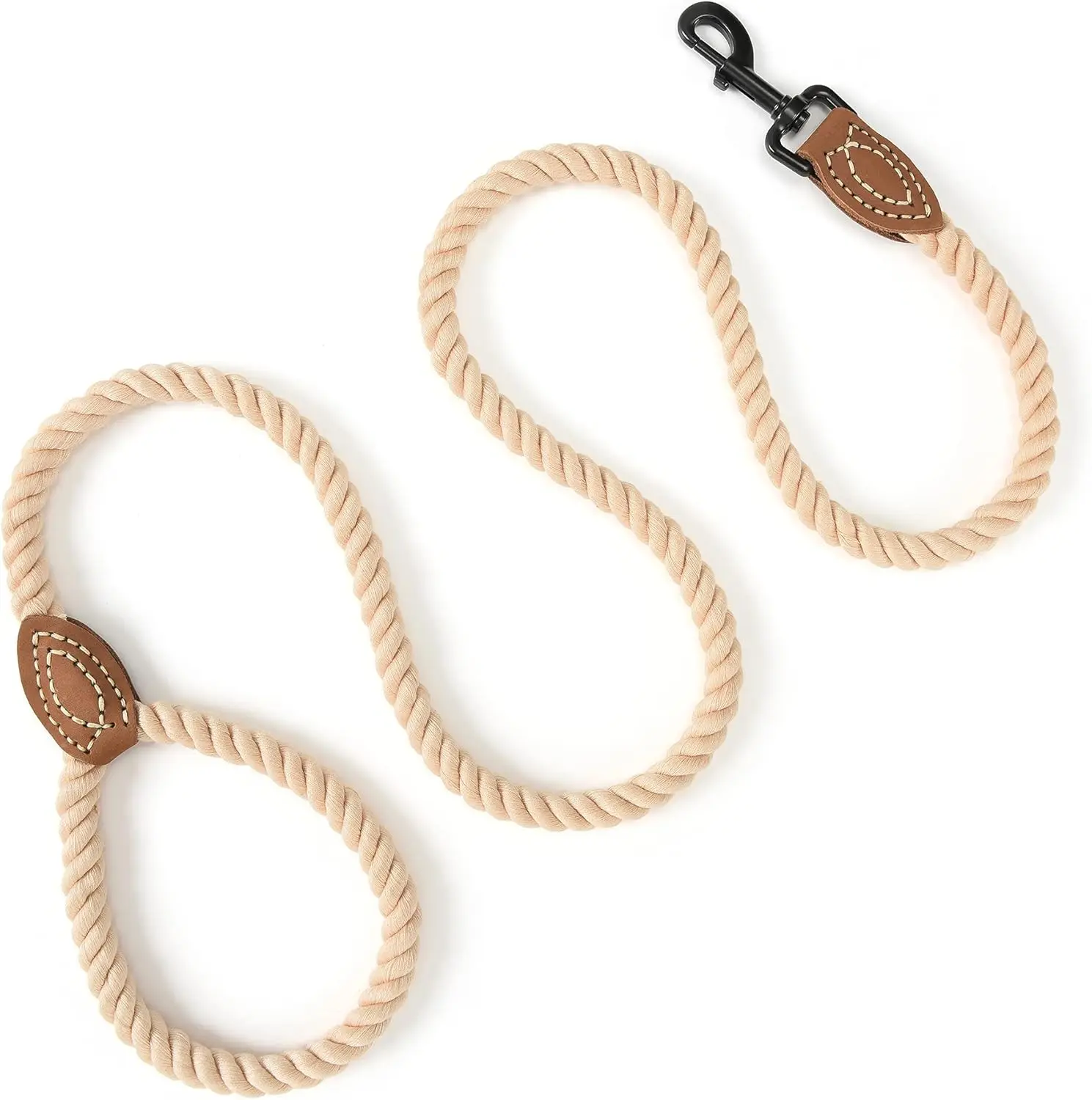 

Woven cotton rope with leather tip - heavy-duty metal buckle, suitable for walking and training