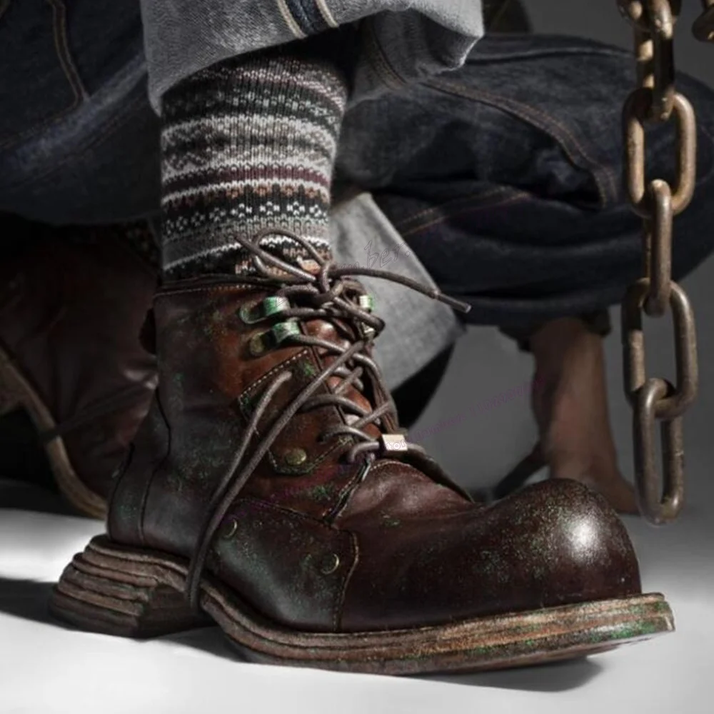 Botines Vintage de punta redonda Para hombre, Zapatos de tacón grueso con cordones, estilo británico, Para motocicleta, talla grande