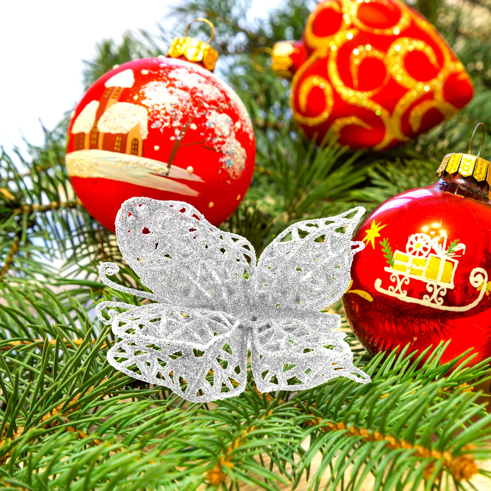 

24 Pcs Gold Christmas Butterfly naments Decorations Glitter Plastic DIY Artificial Tree Wreaths Home Celebrations