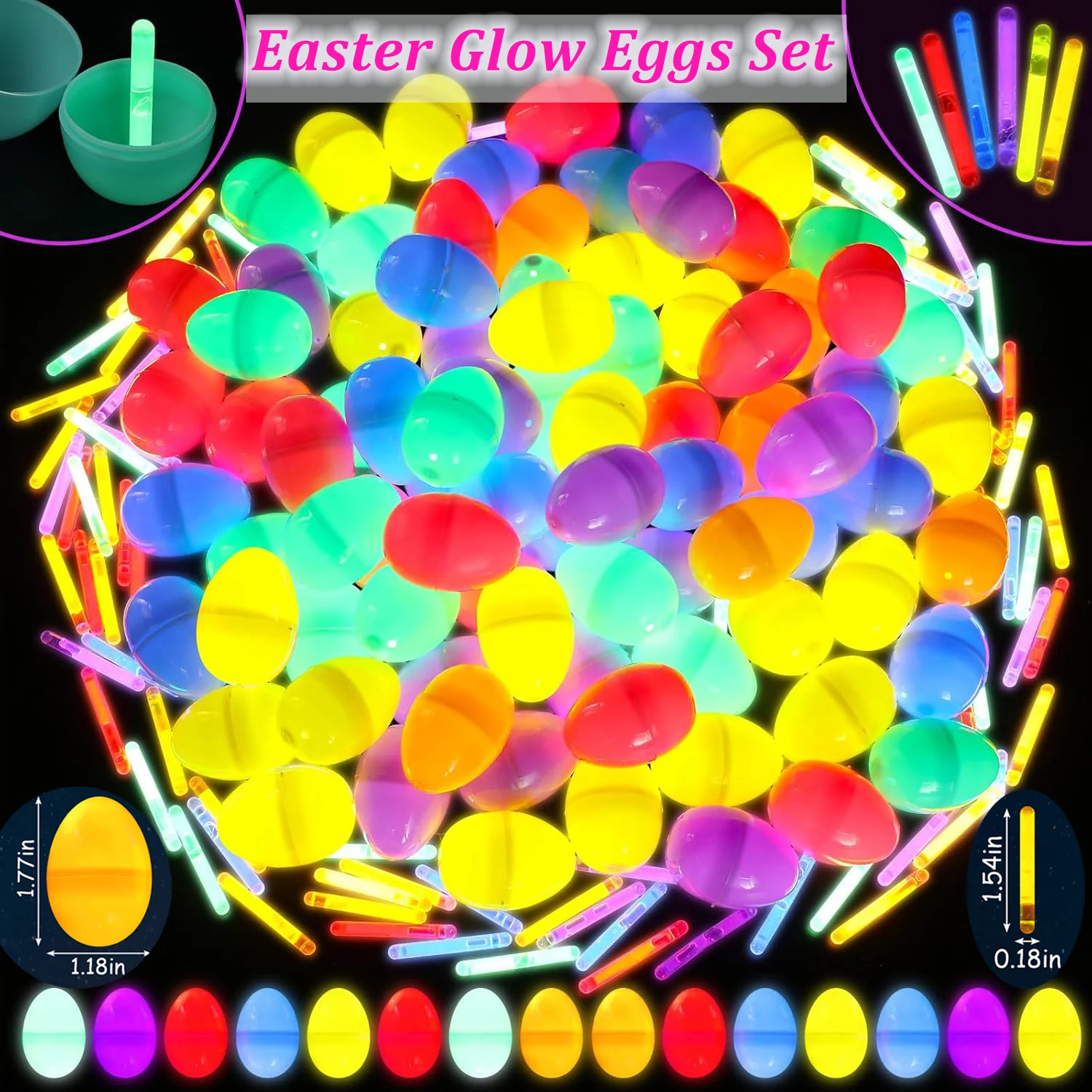 100-300Set Easter Eggs with Mini Glow Sticks for Kids Glow-in-The-Dark Basket Stuffers Fillers Gift Easter Eggs Hunt Game Party