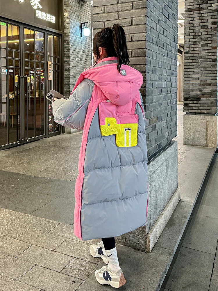 Fashion Color Blocking 90 White Duck Down Jacket Parka Medium Length Hooded Warm Overcoat For Winter Loose European Down Jackets