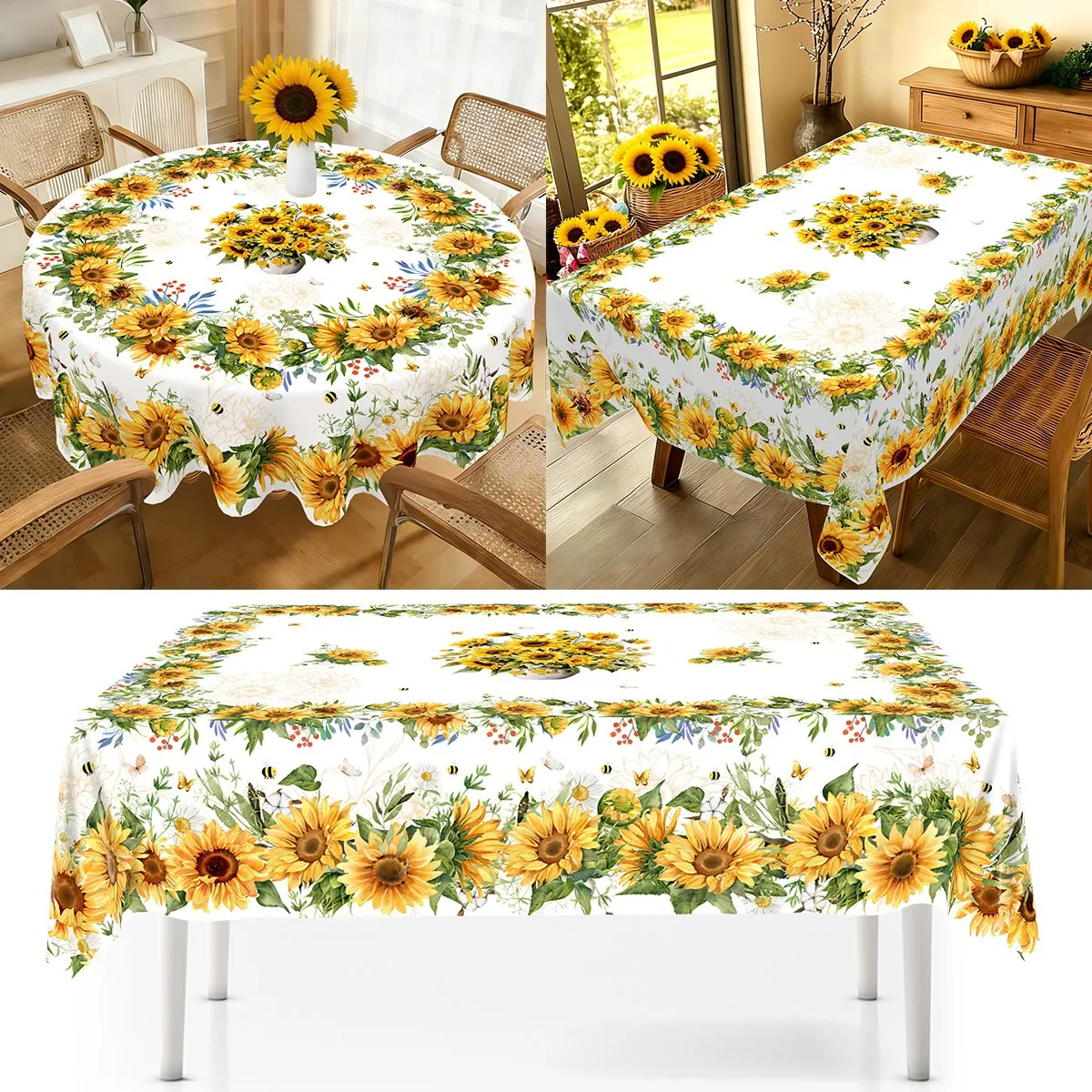 Sunflower Tablecloth Bee Floral Pattern Polyester Table Cover for Farmhouse Wedding Table Decor Spring Summer Party Supplies