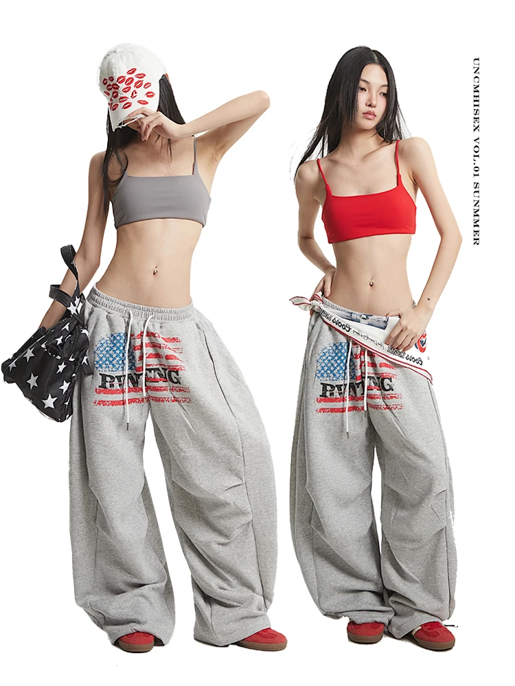 

Эластичный дизайн с американским принтом и высокой талией, повседневные прямые широкие брюки, женские популярные универсальные спортивные брюки