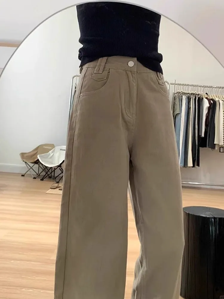 Damskie szerokie jeansy khaki z wysokim stanem, luźne, proste spodnie do ziemi, jesienne, nowe, plus size, wyszczuplające, uniwersalne, codzienne.
