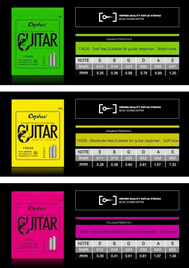 Orphee Akustikgitarren-Saiten TX620/TX630/TX640 X-Serie Kohlenstoffstahl Sechseckige Legierung Messing Folkgitarren-Saiten für Anfänger und Übung – Detail 2