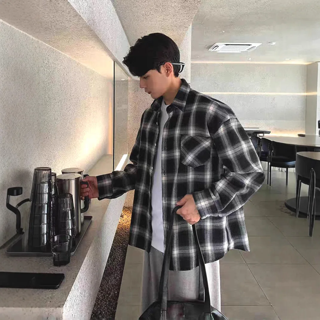 Korean Plaid Loose Long Sleeve Pocket Shirt Men's American Vintage Casual Top