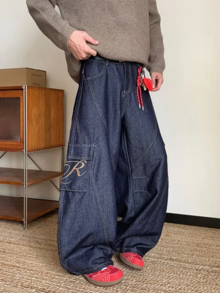 

2024 Pantalones Y2K, уличная одежда, темно-синие мешковатые брюки-карго, новые джинсы для мужчин, одежда, широкие брюки с вышивкой букв, длинные брюки