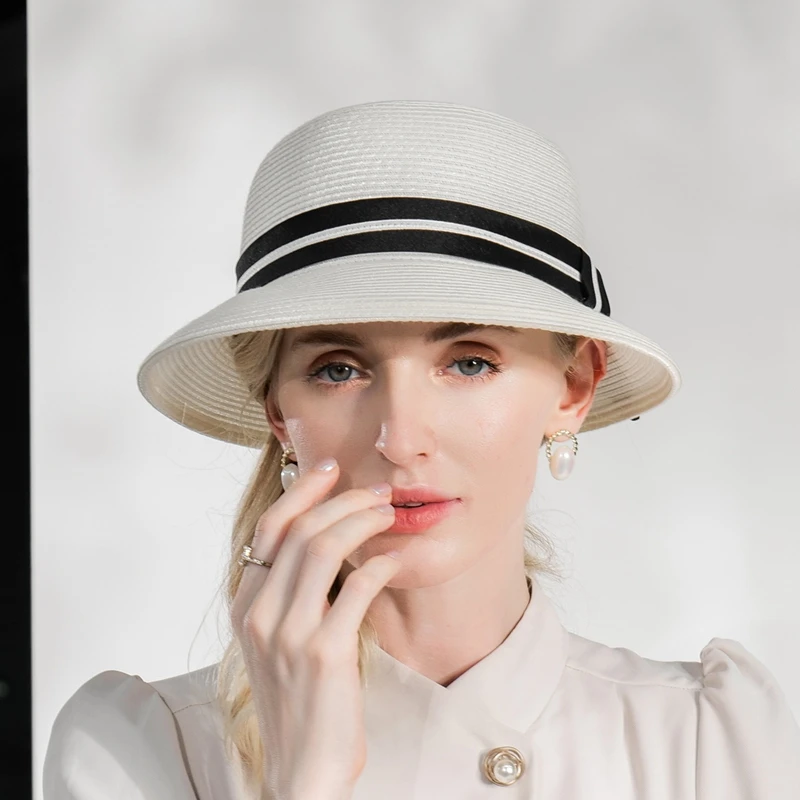 X4155 Lady Travel Hat Wide Brim Sun Cap Women Sun Cap Protection Summer Fedora Hats Women Sun Hat Summer Trend White Straw Hat